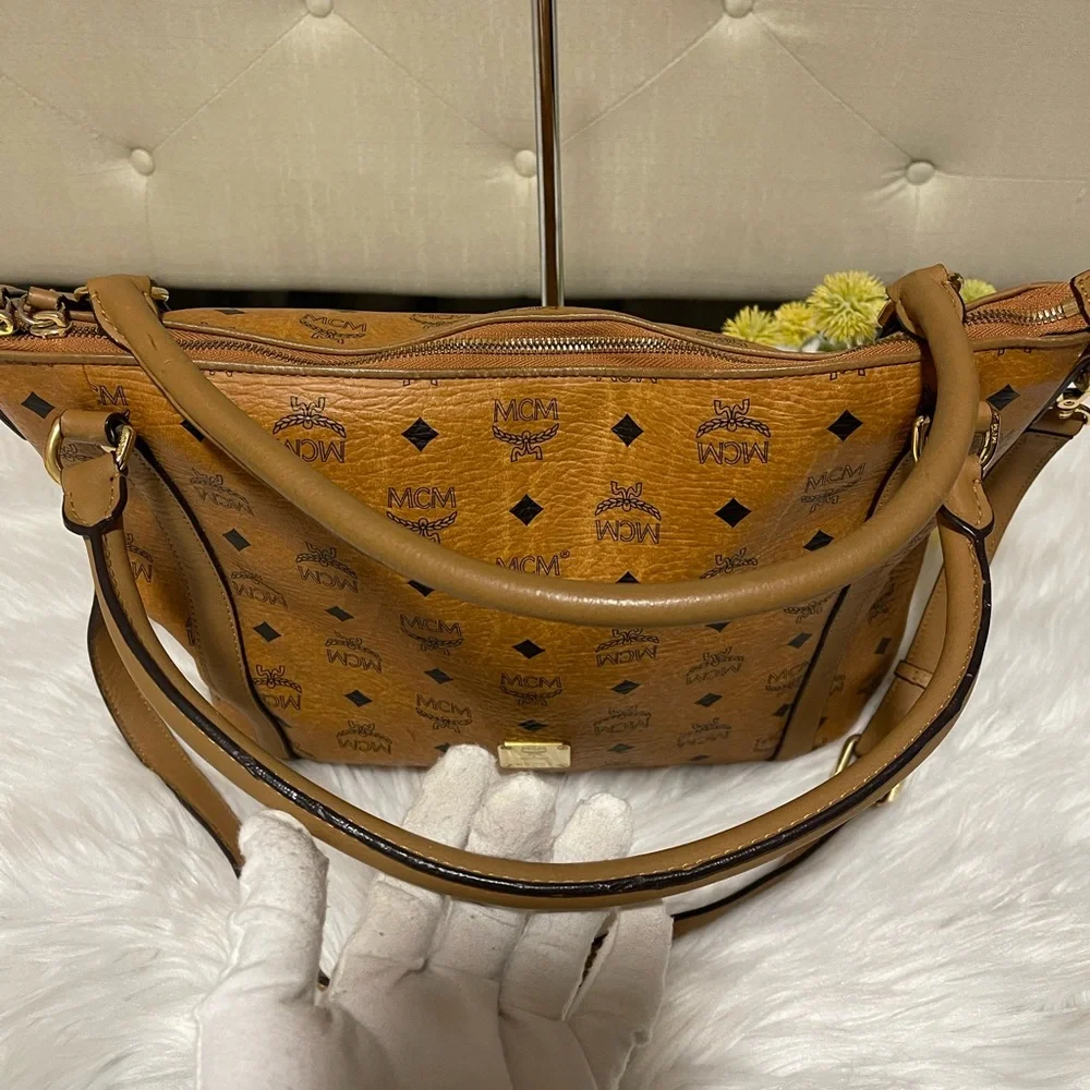 MCM Cognac/Black Visetos Logo Tote Shoulder Bag